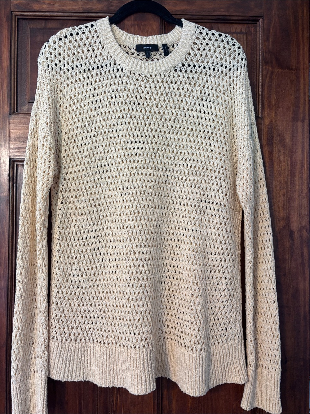 Theory Butter Yellow Open-Weave Crewneck Cotton Blend Tunic Sweater M